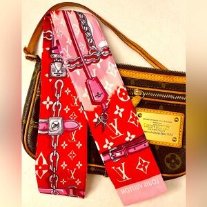 Red and Pink Iconic Monogram Print Twilly Bandeau Wrap Scarf